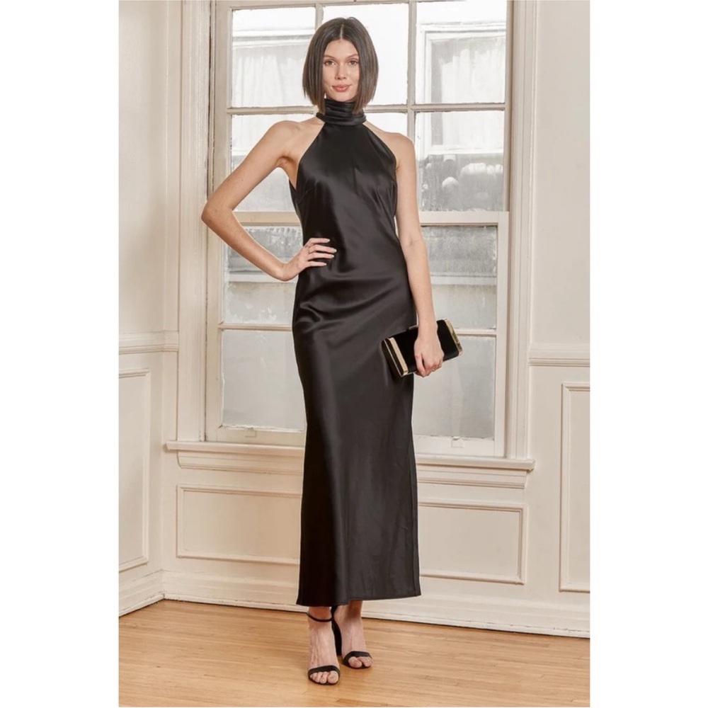 Lulus Bravado Black Satin Halter Backless Maxi Dress